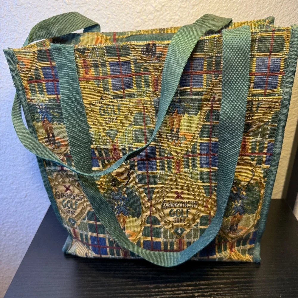 VTG 90s‎ Tapestry Golf Tournament Tote Bag & Coin Purse Pouch Plaid Large Purse